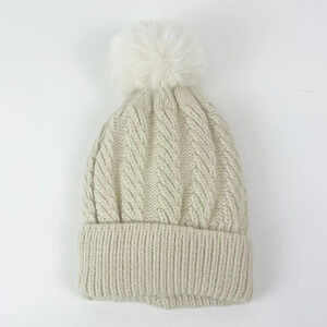 JC Sunny Just Classy Hat Womens One Size Beige Knit Fauc Fur Pom Pom Beanie